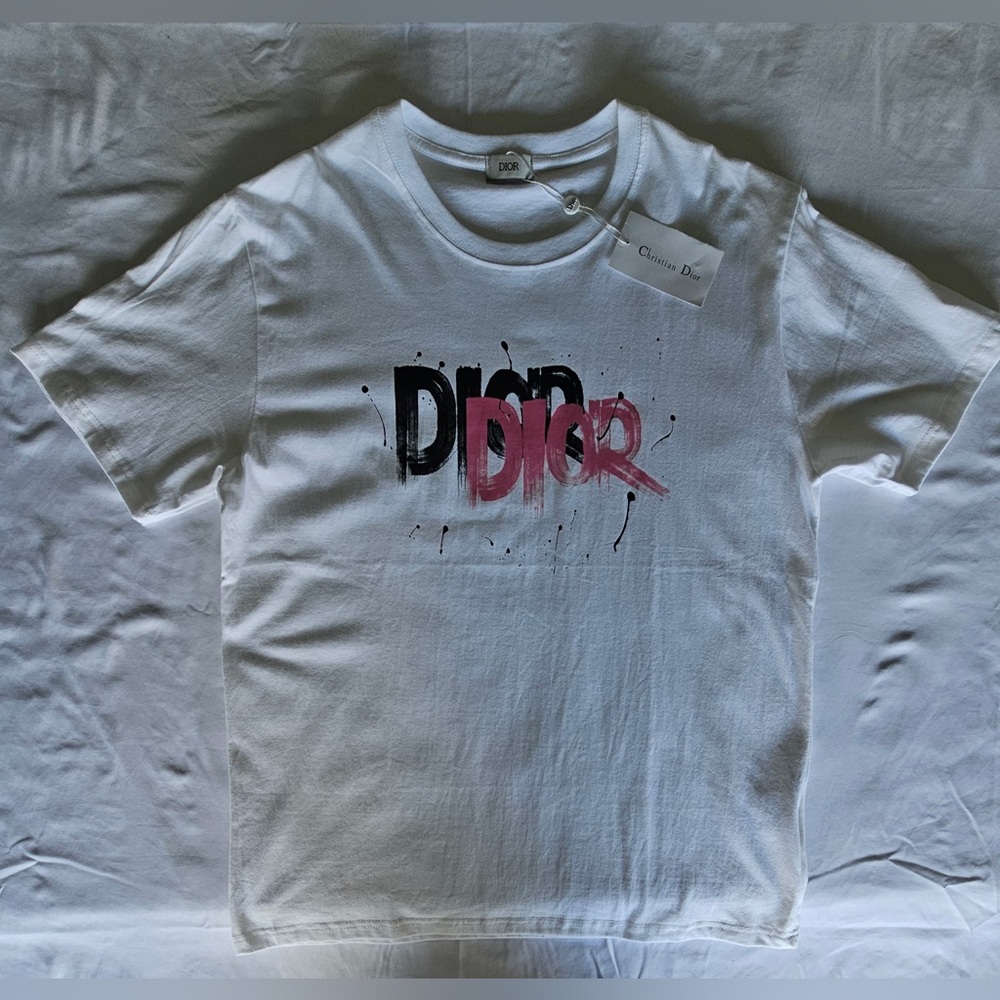Dior White Short Sleeve T-Shirt with Pink and Black Logo